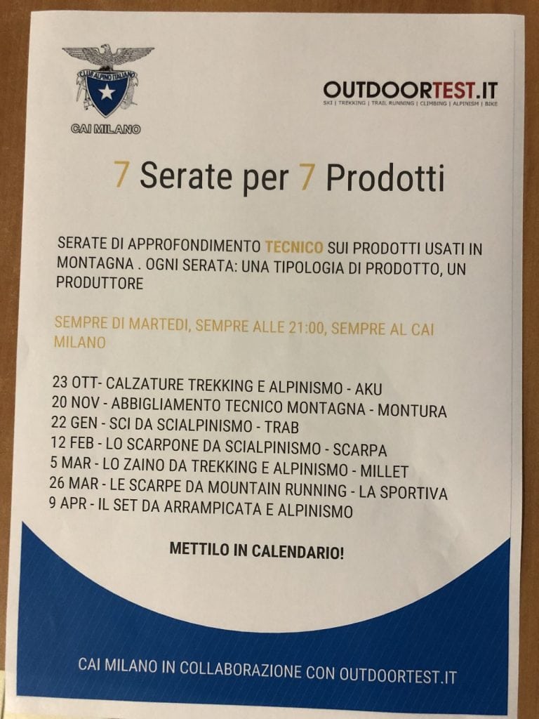 La locandina del programma di incontri sul prodotto, organizzati da Outdoortest e CAI Milano