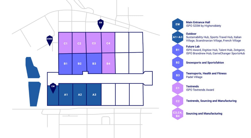 ISPO Munich 2023, la mappa dei padiglioni espositivi.