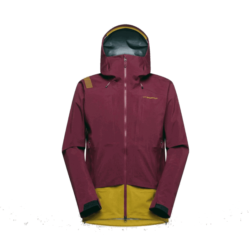 Giacca outdoor da escursionismo impermeabile e traspirante con cappuccio, colore bordeaux e giallo, uomo donna, abbigliamento tecnico outdoor.