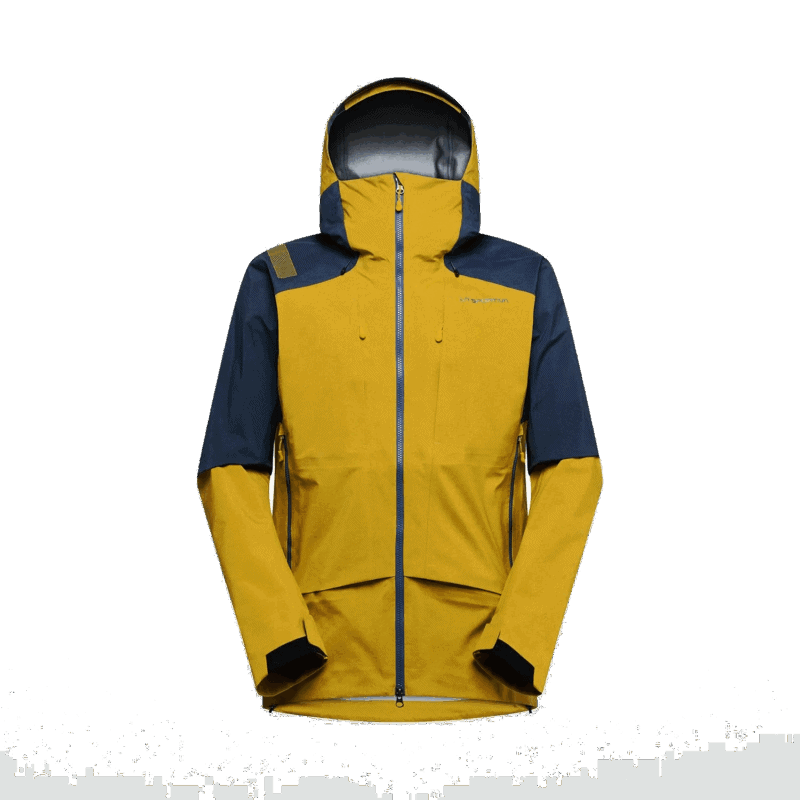 Giacca da escursionismo gialla e blu con cappuccio e zip frontale impermeabile.