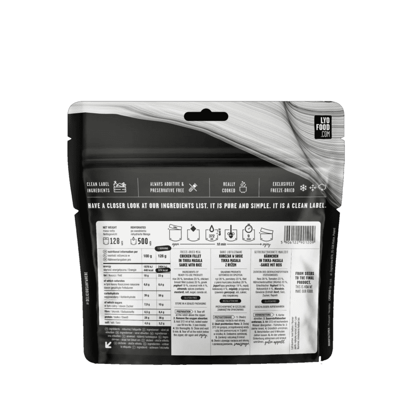 LYOFOOD Chicken Tikka Masala – retro busta con valori nutrizionali, ingredienti e istruzioni di preparazione