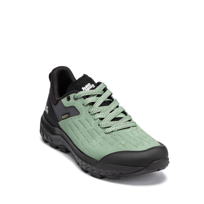 HANWAG Kaduro Low Lady GTX – scarpa trekking donna low-cut verde salvia, vista tre quarti anteriore con suola HANWAG e membrana GORE-TEX Invisible Fit
