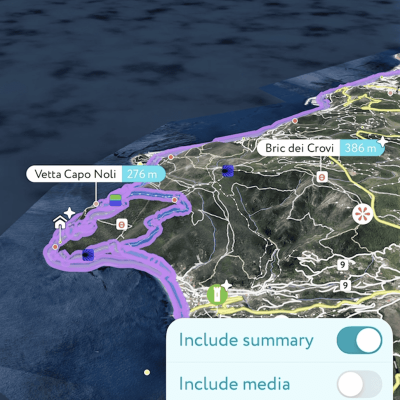 Vista 3D PeakVisor con percorso evidenziato a Capo Noli e Bric dei Crovi e menu di condivisione attivo