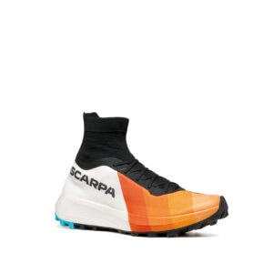SCARPA Alien Sky 2027 vista tre quarti, tomaia bianca e arancio con collare a calza nero